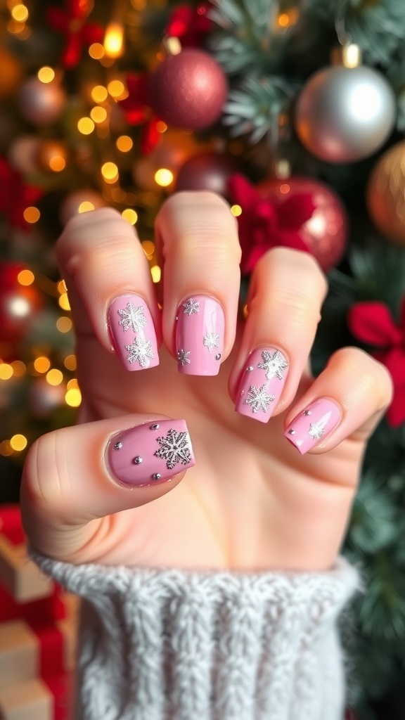 Pink nail art design with glitter and snowflake stickers in a festive holiday setting.